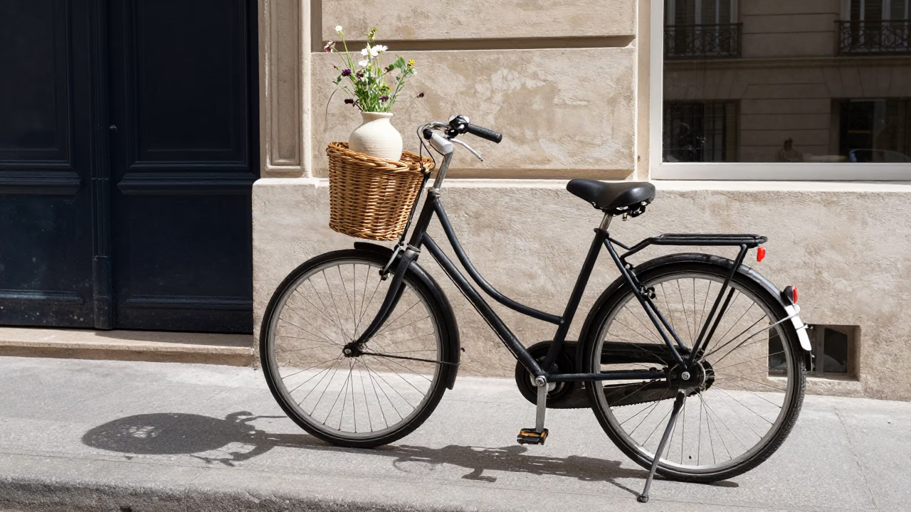 Parisian Street Scene with Bicycle Basket and Vase Under Noon Sun in in Paris, France