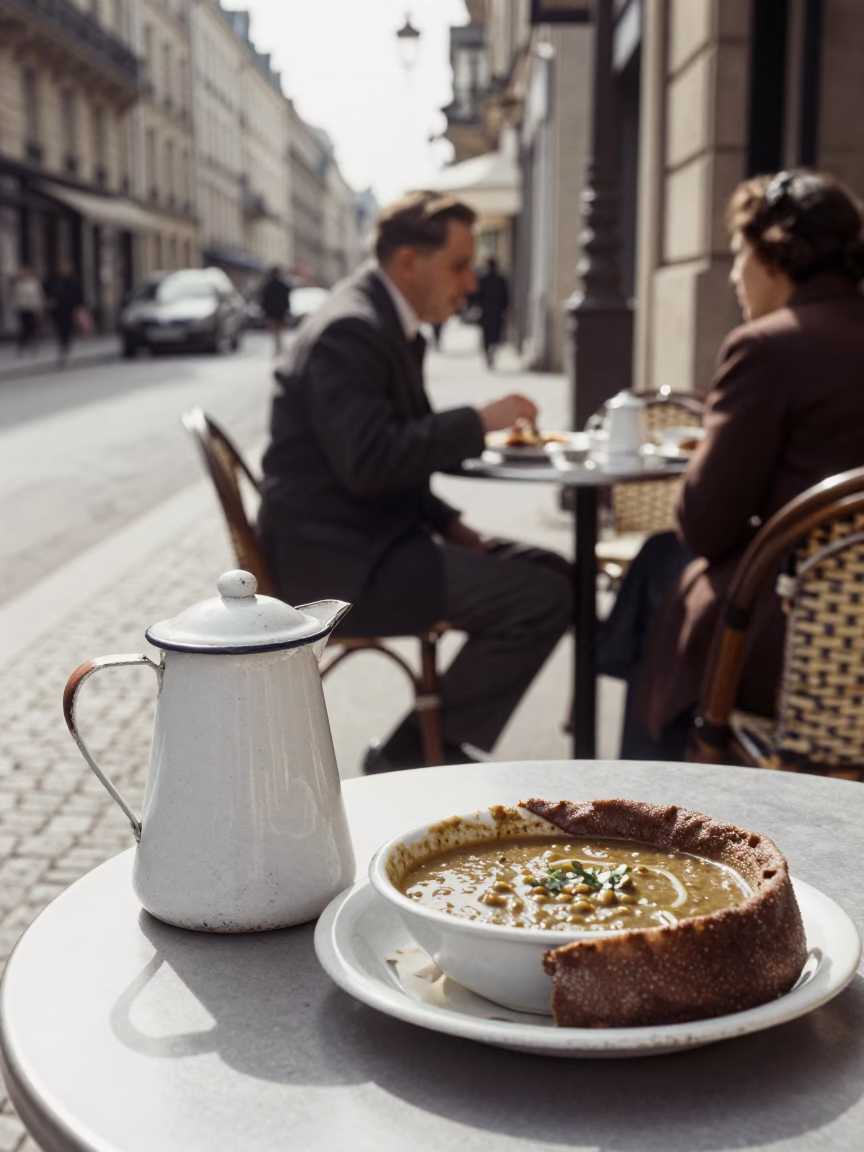 Parisian Street Scene with Enamel Pitcher and Doro Wat Bowl in Bright Midmorning Light in in Paris, France