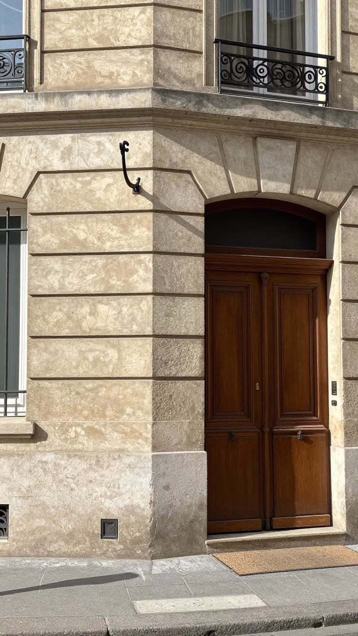 Parisian Street Scene with Iron Hook and Door Mats at Noon in in Paris, France