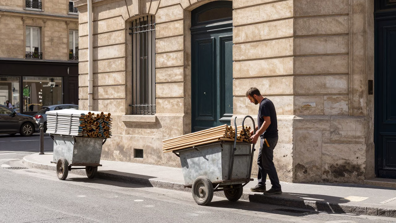 Parisian Street Scene with Rolling Carts and Stone Mason in Bright Midmorning Light in in Paris, France