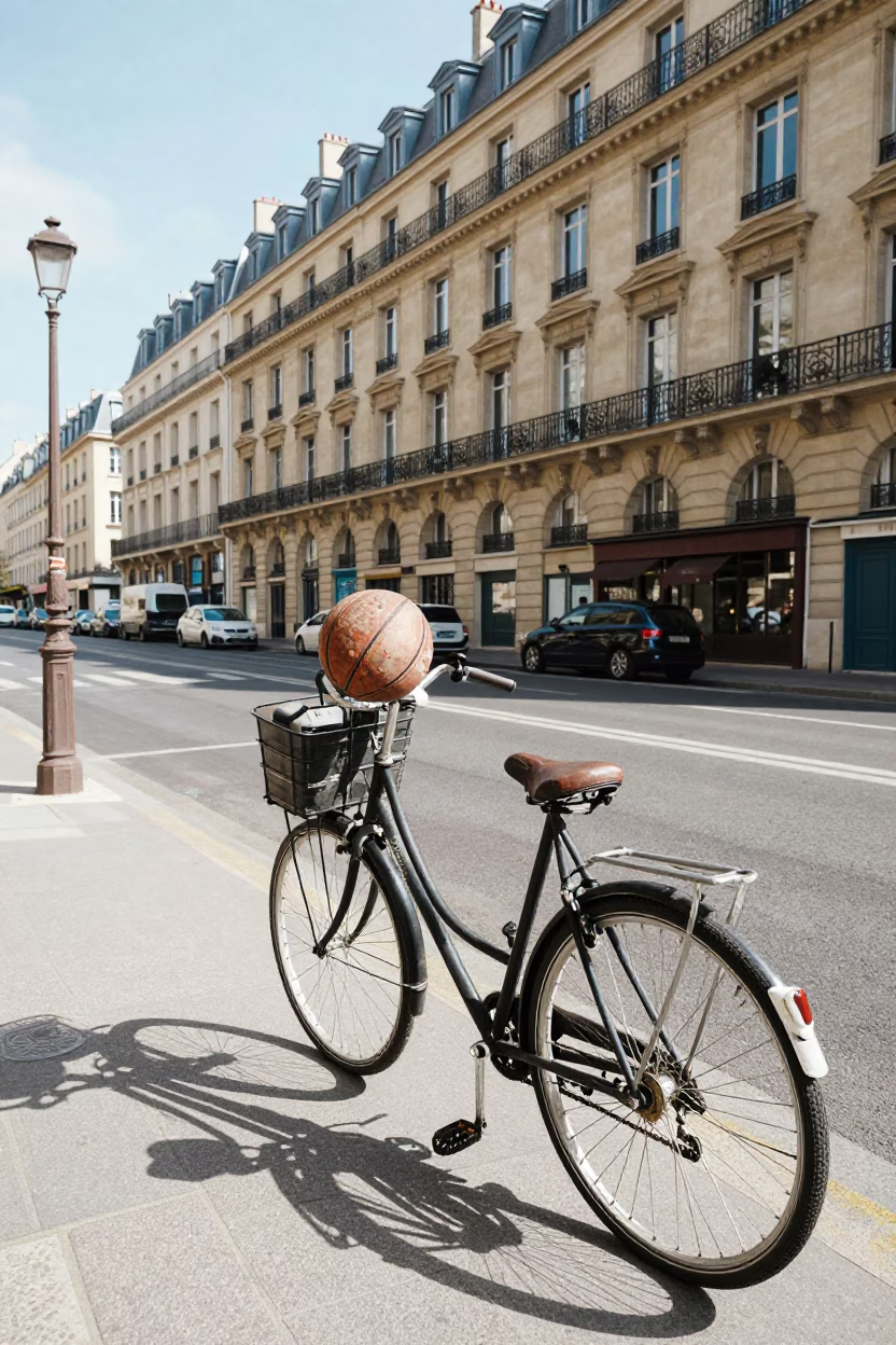 Parisian Street Scene with Vintage Basketball and Bicycle in Bright Morning Light in in Paris, France