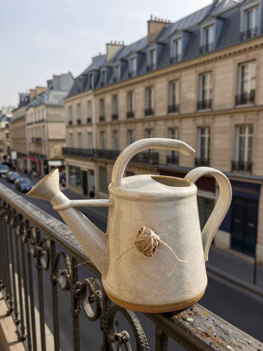 Parisian Street Scene with Watering Jug and Twine on Balcony in in Paris, France