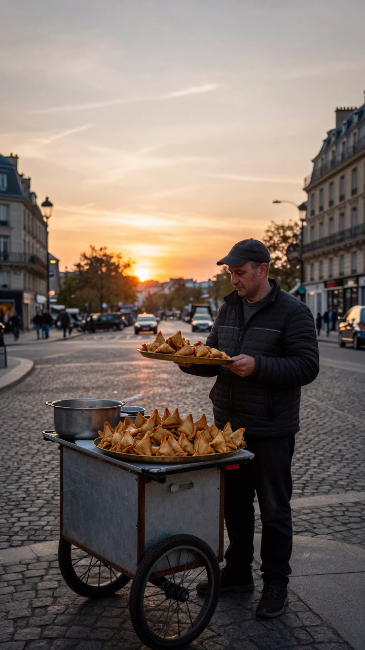 Parisian Street Vendor at Dusk Selling Samosas and Lemons Near the Seine in in Paris, France