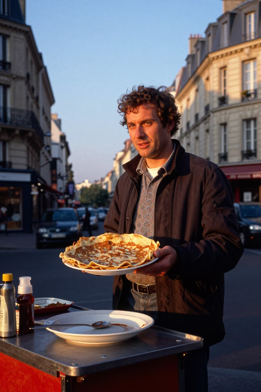 Parisian Street Vendor at Sunset with Blue and White Porcelain Plate and Tiffin Tin in in Paris, France