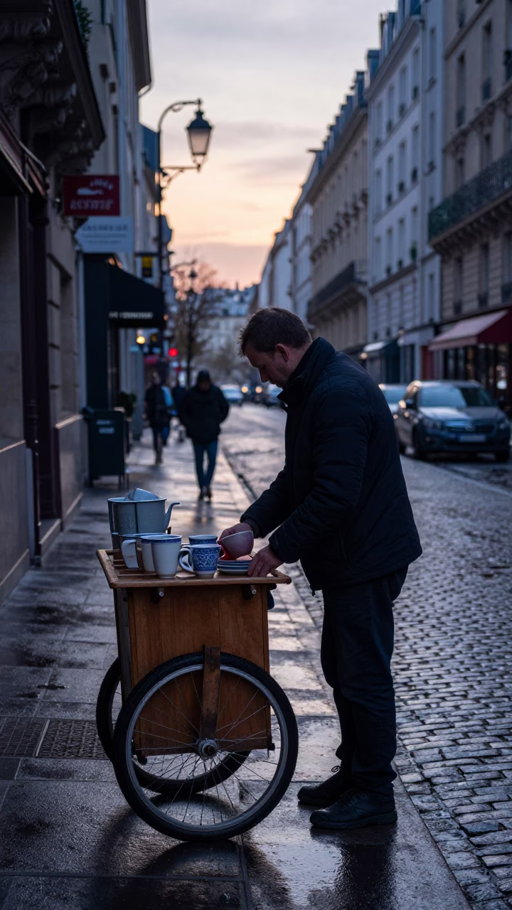 Parisian street vendor before dawn with ceramic cup and wet cobblestones in in Paris, France