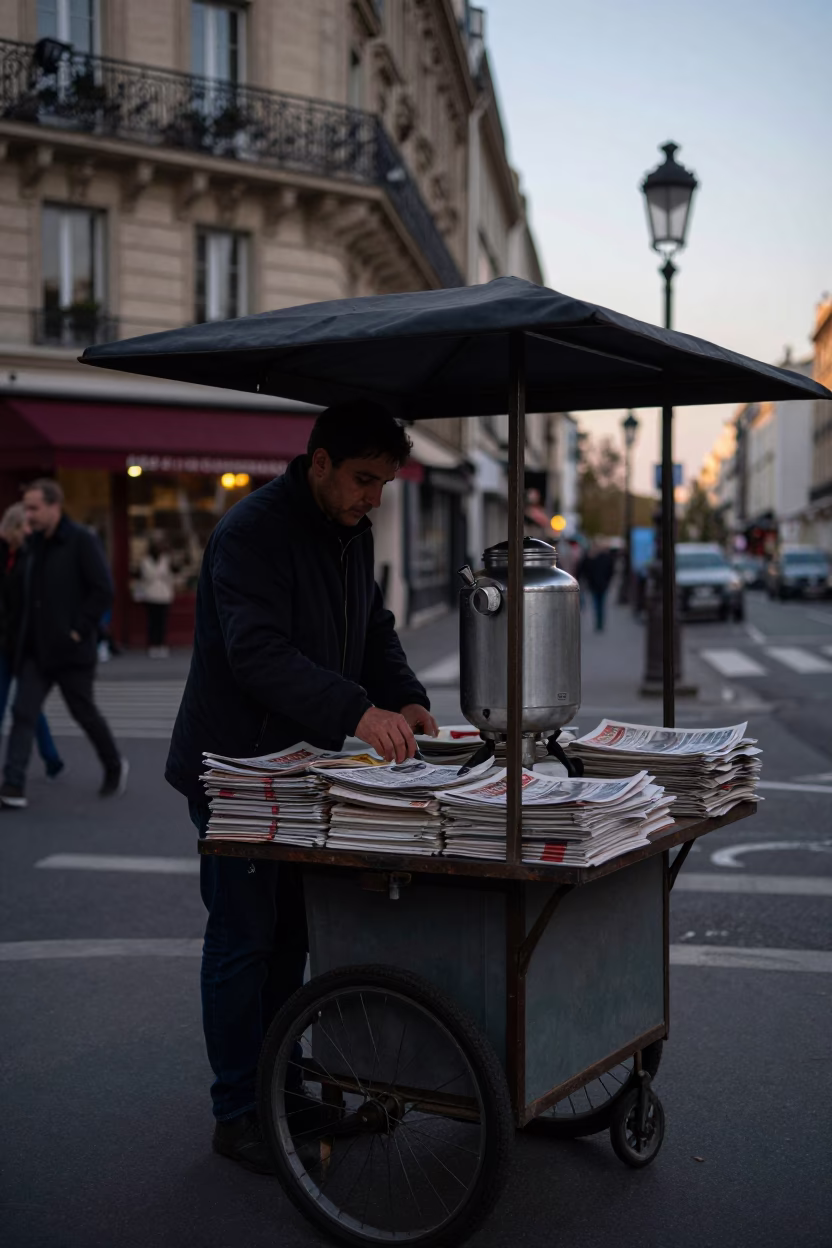 Parisian Street Vendor Dawn Stall with Coffee Urn and Newspaper Stand in in Paris, France