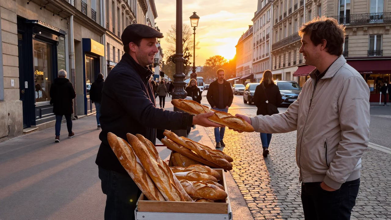 Parisian Street Vendor Selling Fresh Baguettes at Sunset with Traditional Bread Oven in in Paris, France