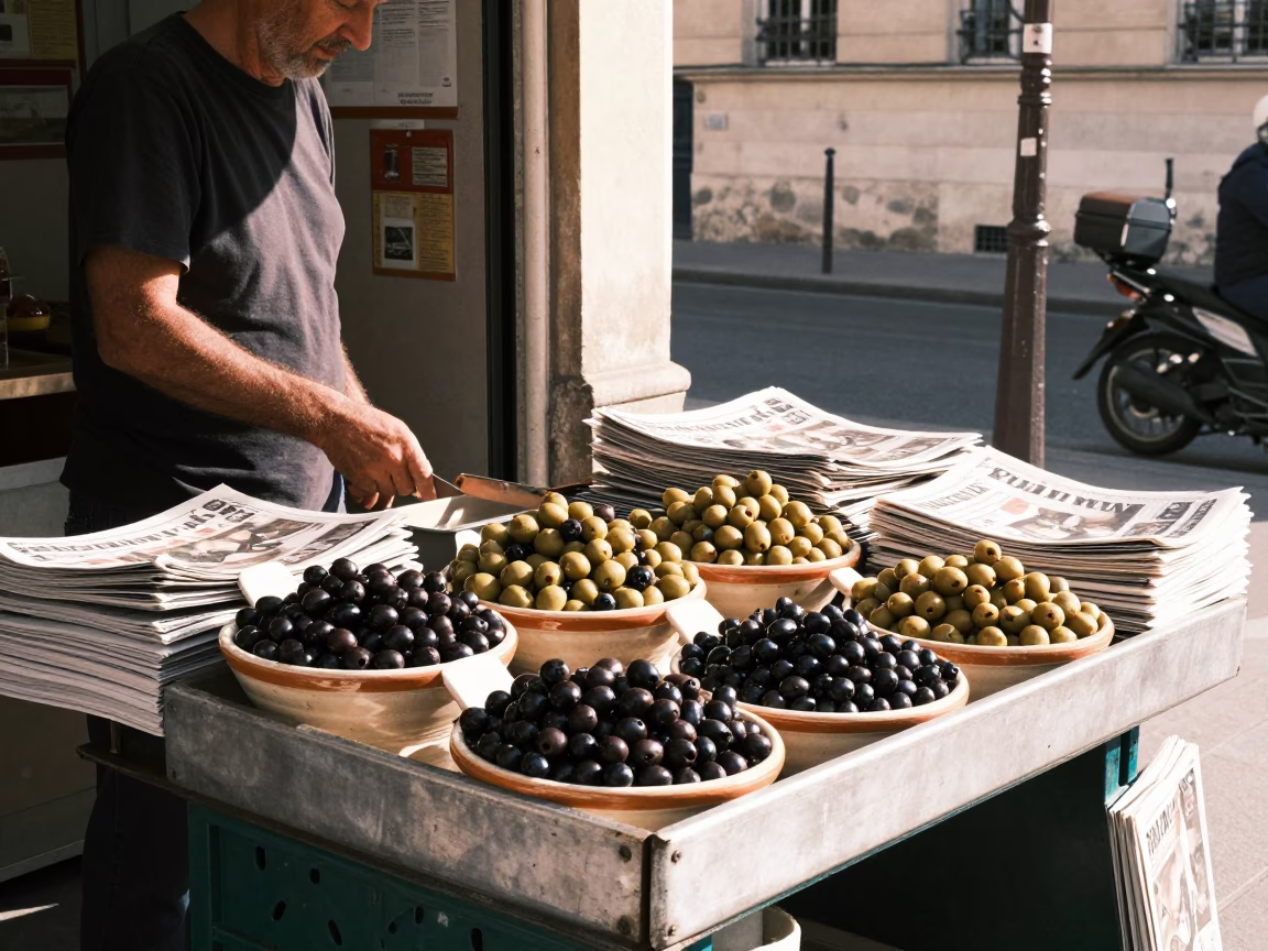 Parisian street vendor selling fresh olives and newspapers in early afternoon sunlight in in Paris, France