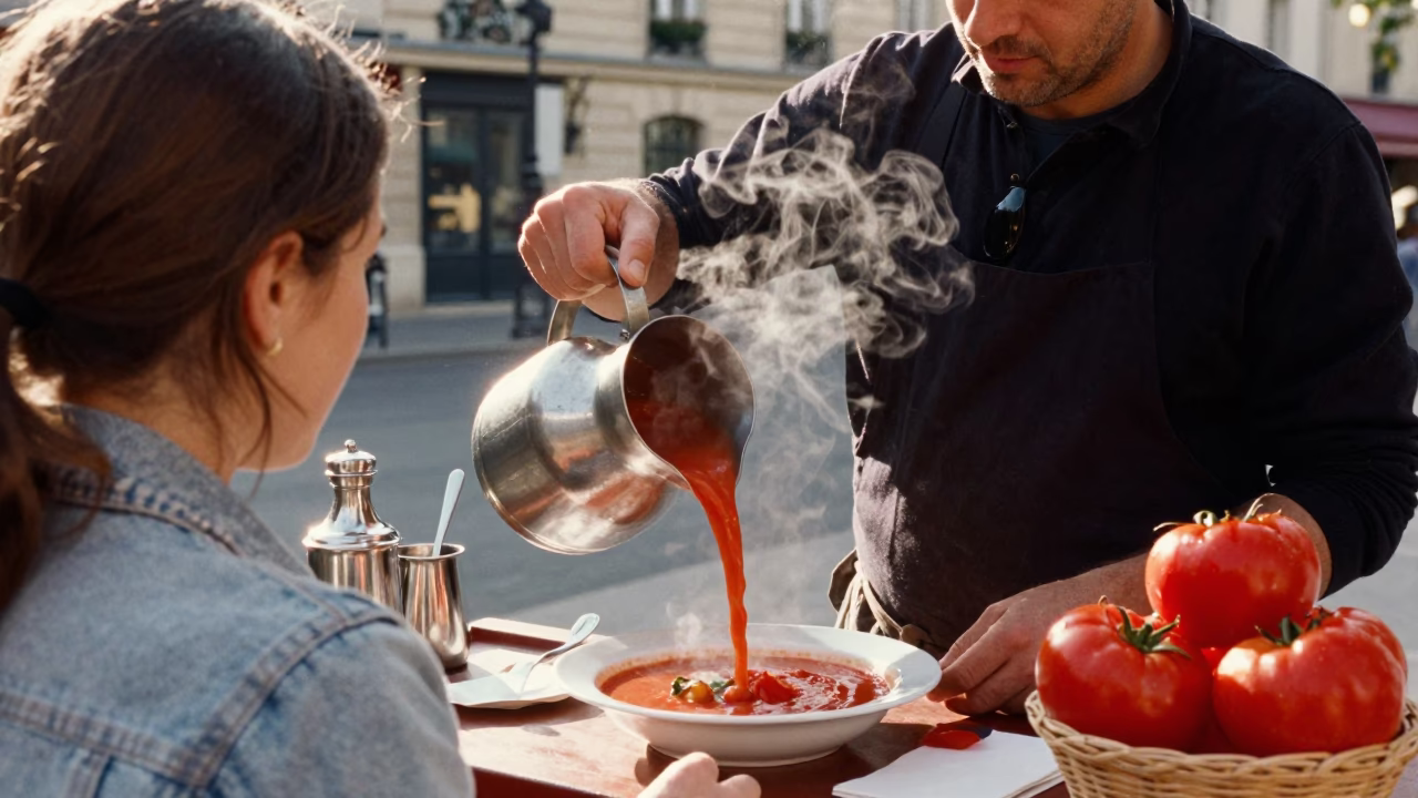 Parisian Street Vendor Serving Tomato Soup in Late Morning Light in in Paris, France
