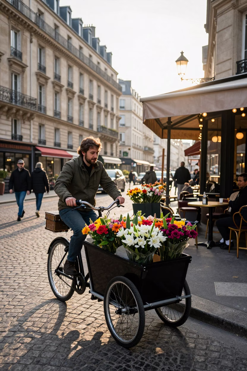 Parisian Street Vendor with Cargo Bicycle and Cut Flowers in Morning Light in in Paris, France