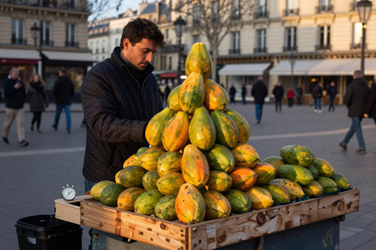 Parisian Street Vendor with Papayas and Stopwatch at Sunset in France in in Paris, France