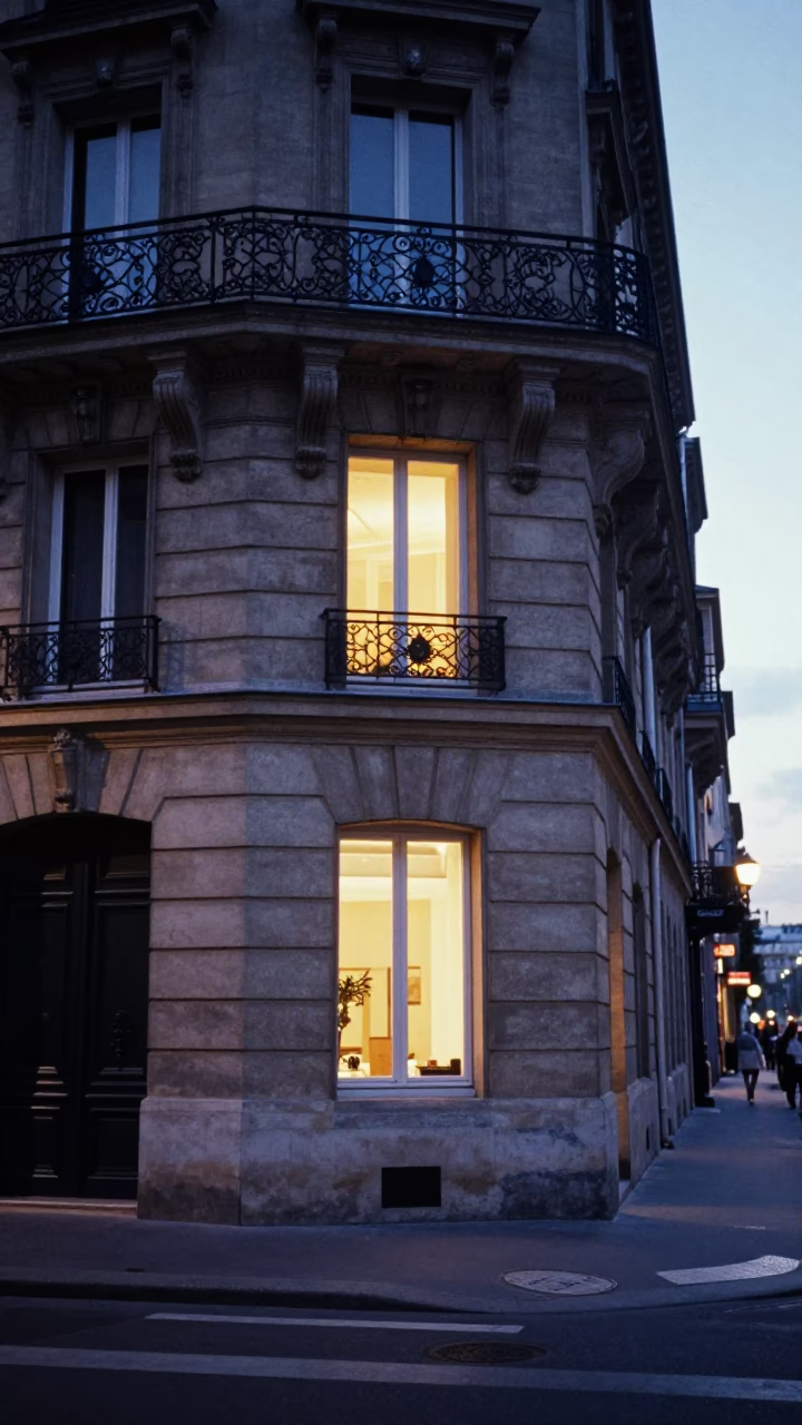 Parisian Summer Evening Street Scene with Window and Tree in in Paris, France