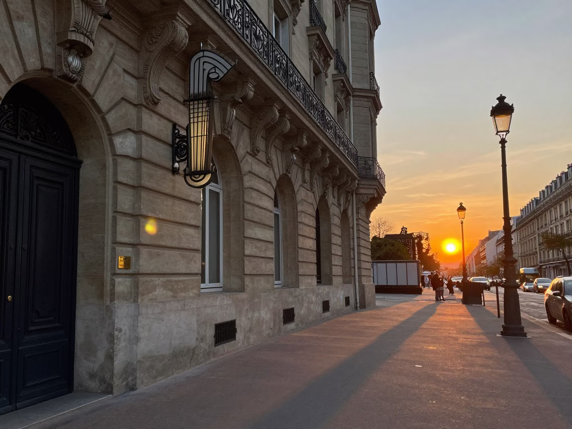 Parisian Sunset Art Deco Hotel Facade with Hanging Lichen and Street Scene in in Paris, France