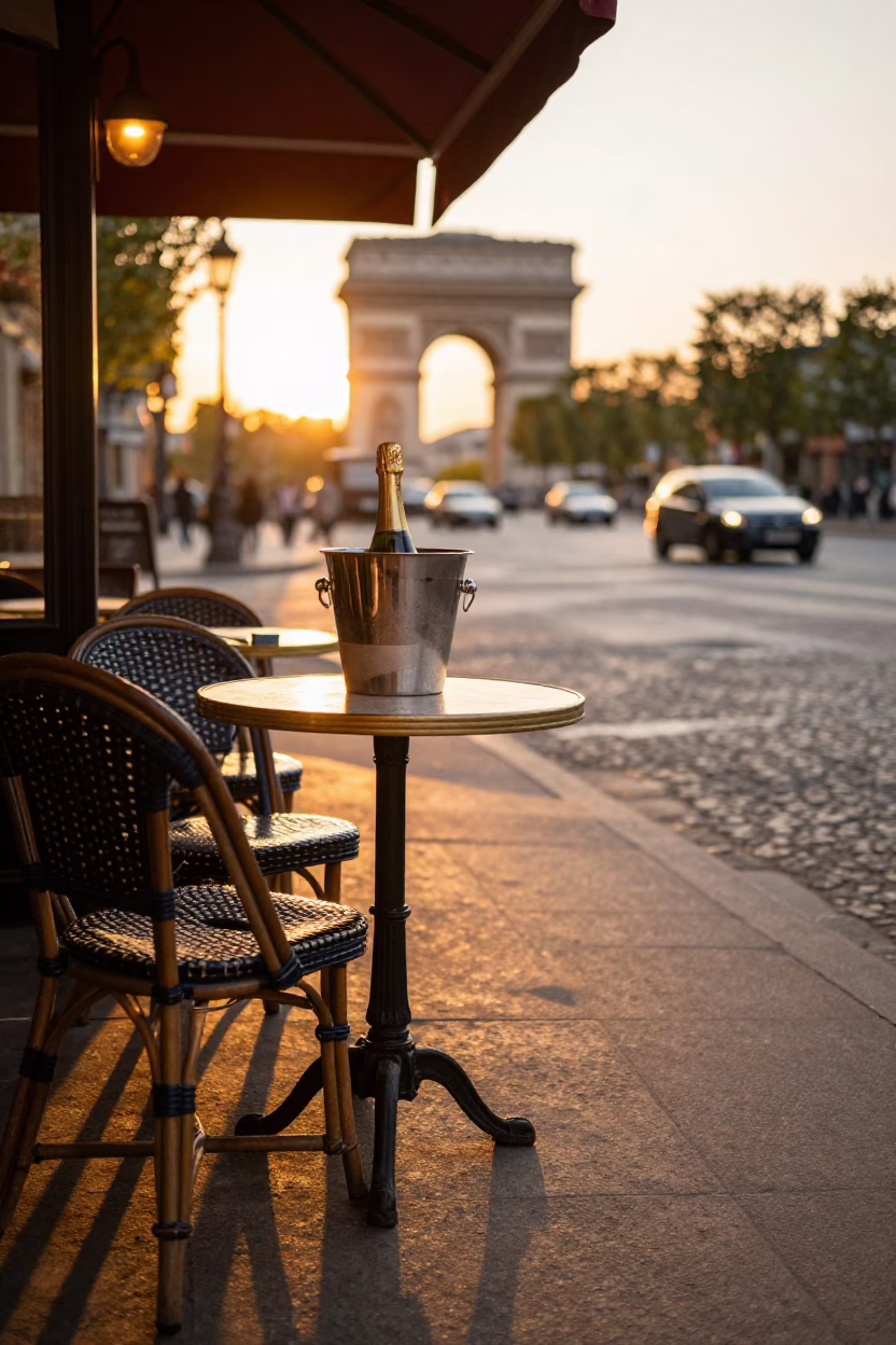 Parisian Sunset Cafe Terrace with Champagne Bucket and Linen Napkin in in Paris, France