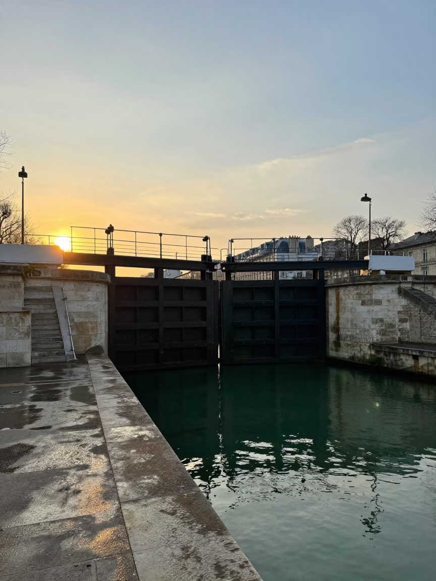 Parisian Sunset Canal Lock Gate Closing on Still Green Water with Nearby Tiffin Tin in in Paris, France
