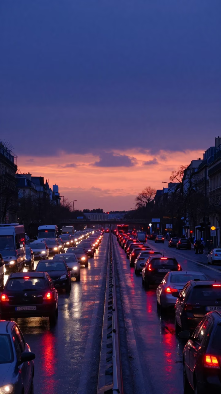 Parisian Sunset Overpass Interchange Glowing with Taillights After Rain in in Paris, France