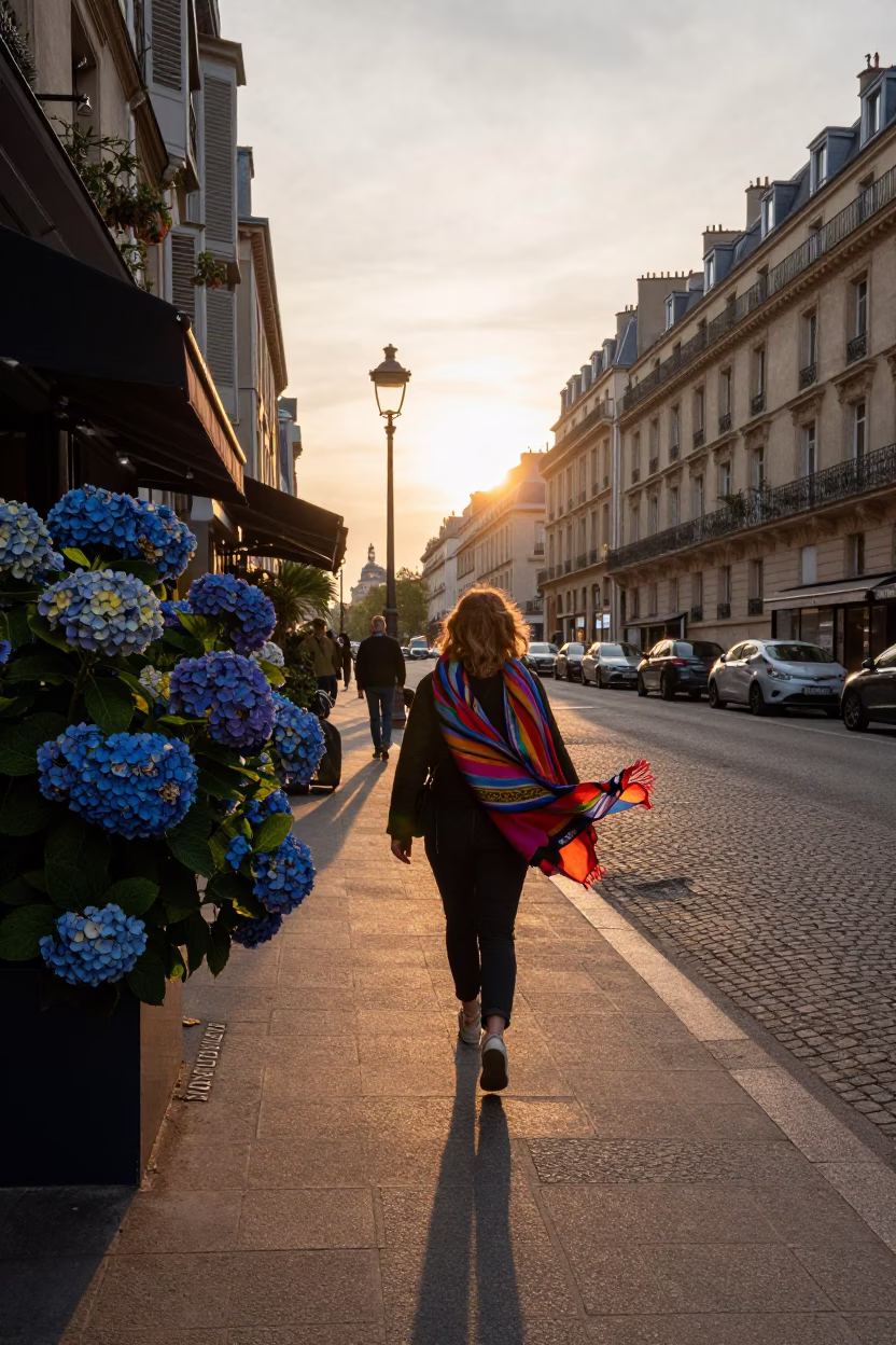 Parisian Sunset Street Scene with Hydrangeas and Scarf in in Paris, France