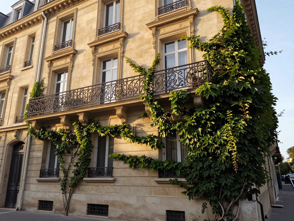 Parisian Sunset Street Scene with Ivy Vines on Haussmann Building Facade in in Paris, France