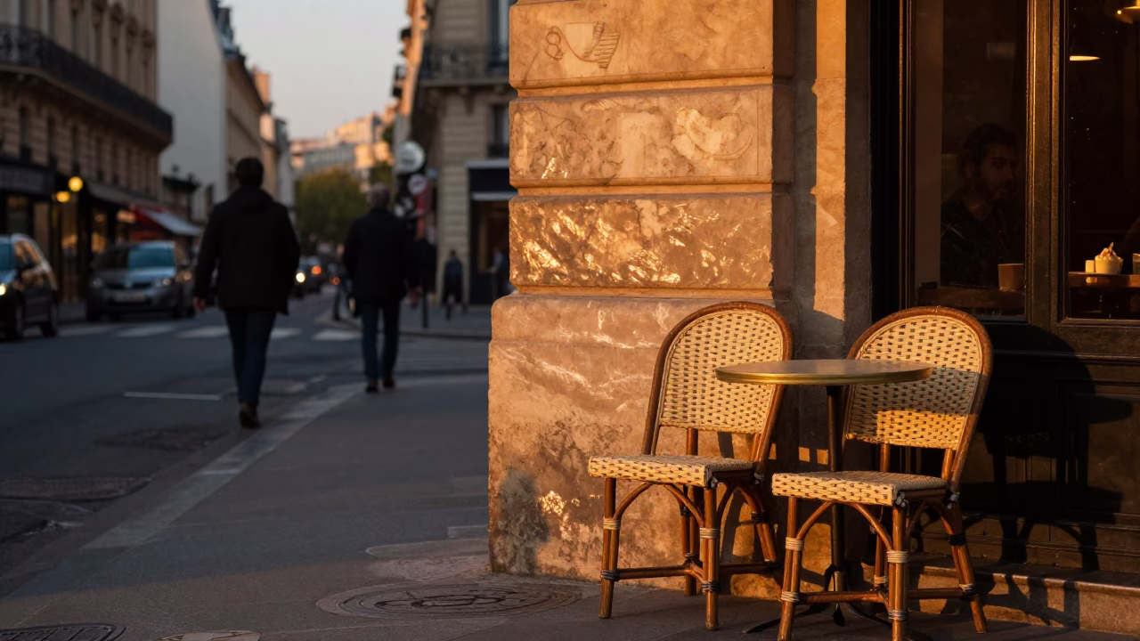 Parisian Sunset Street Scene with Rattan Chair and Stone Architecture in in Paris, France