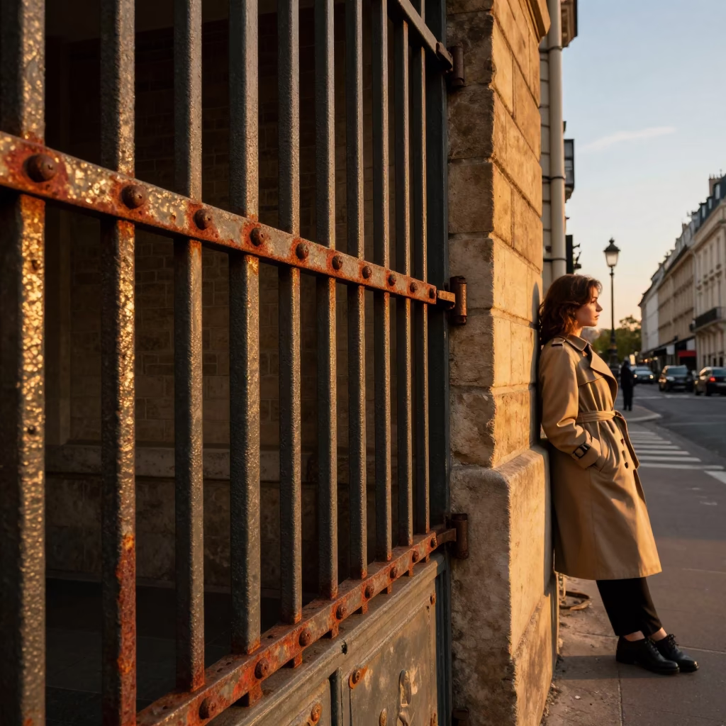 Parisian Sunset Street Scene with Rusty Hinges and Urban Details in in Paris, France