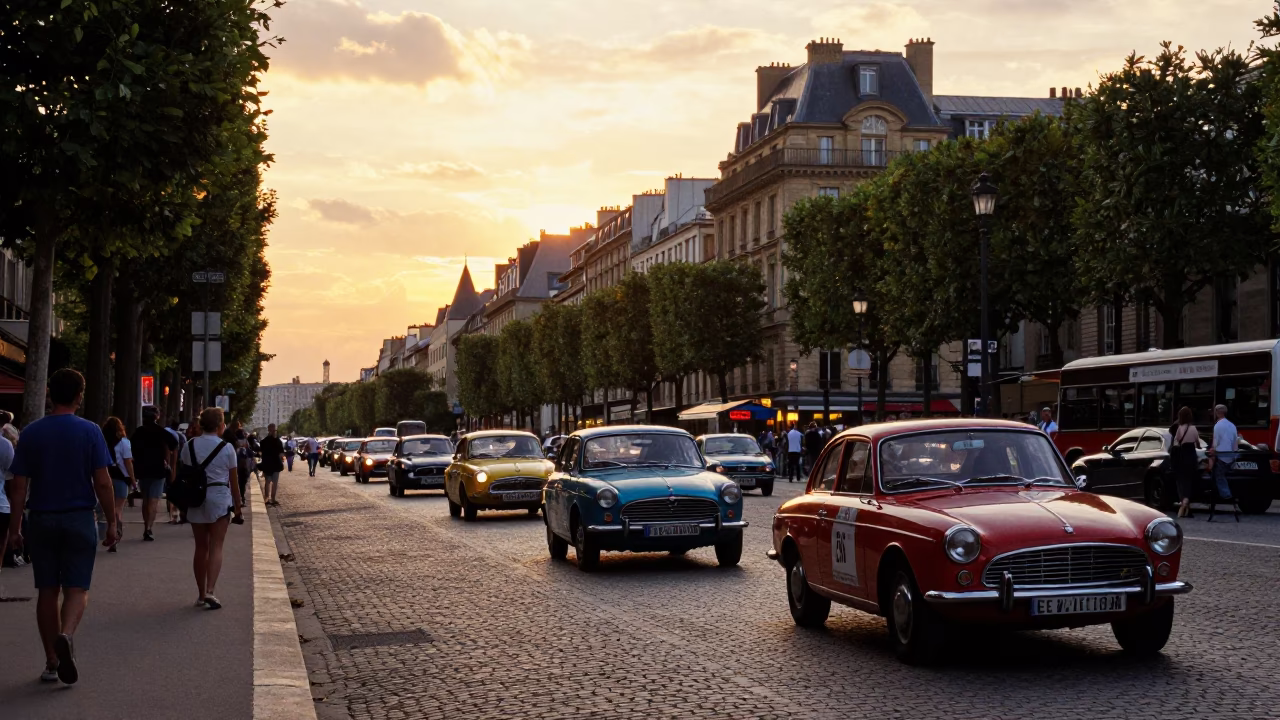 Parisian Sunset Street Scene with Vintage Car Rally and Wicker Shadow in in Paris, France