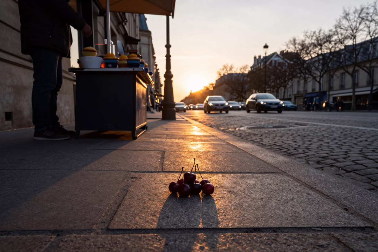 Parisian Sunset Street Scene with Vintage Muffin Tin and Cherries on Cobblestone in in Paris, France