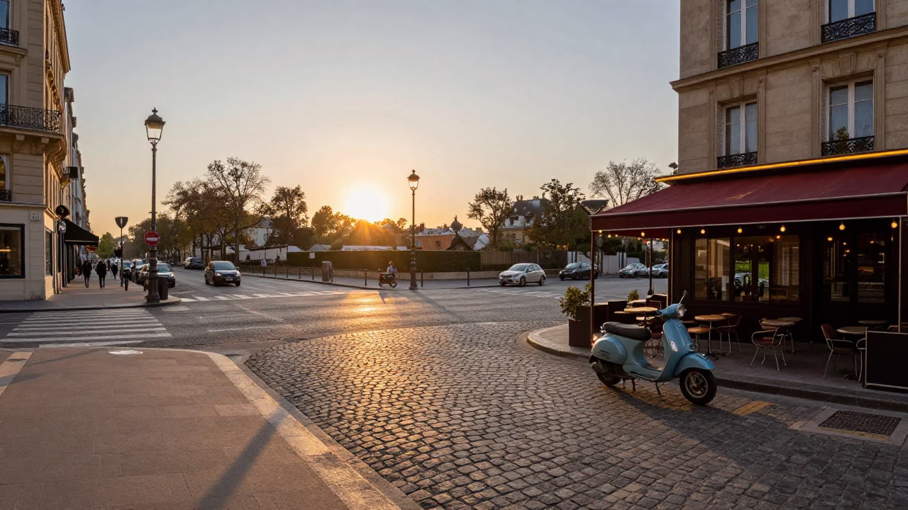 Parisian Sunset Street Scene with Vintage Scooter and Scuffed Painted Wood Details in in Paris, France