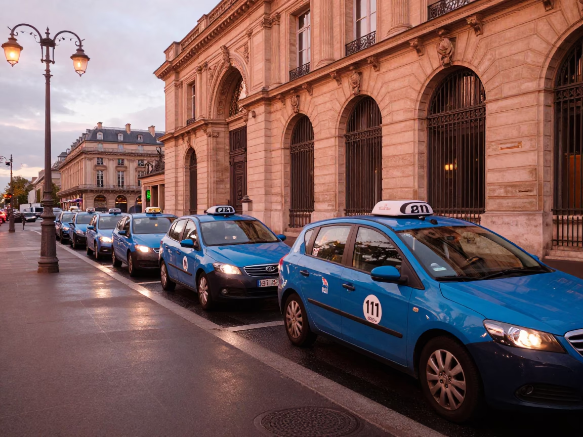 Parisian Taxi Rank Outside Gare du Nord Station in Copper Dusk Light with Commuters in in Paris, France