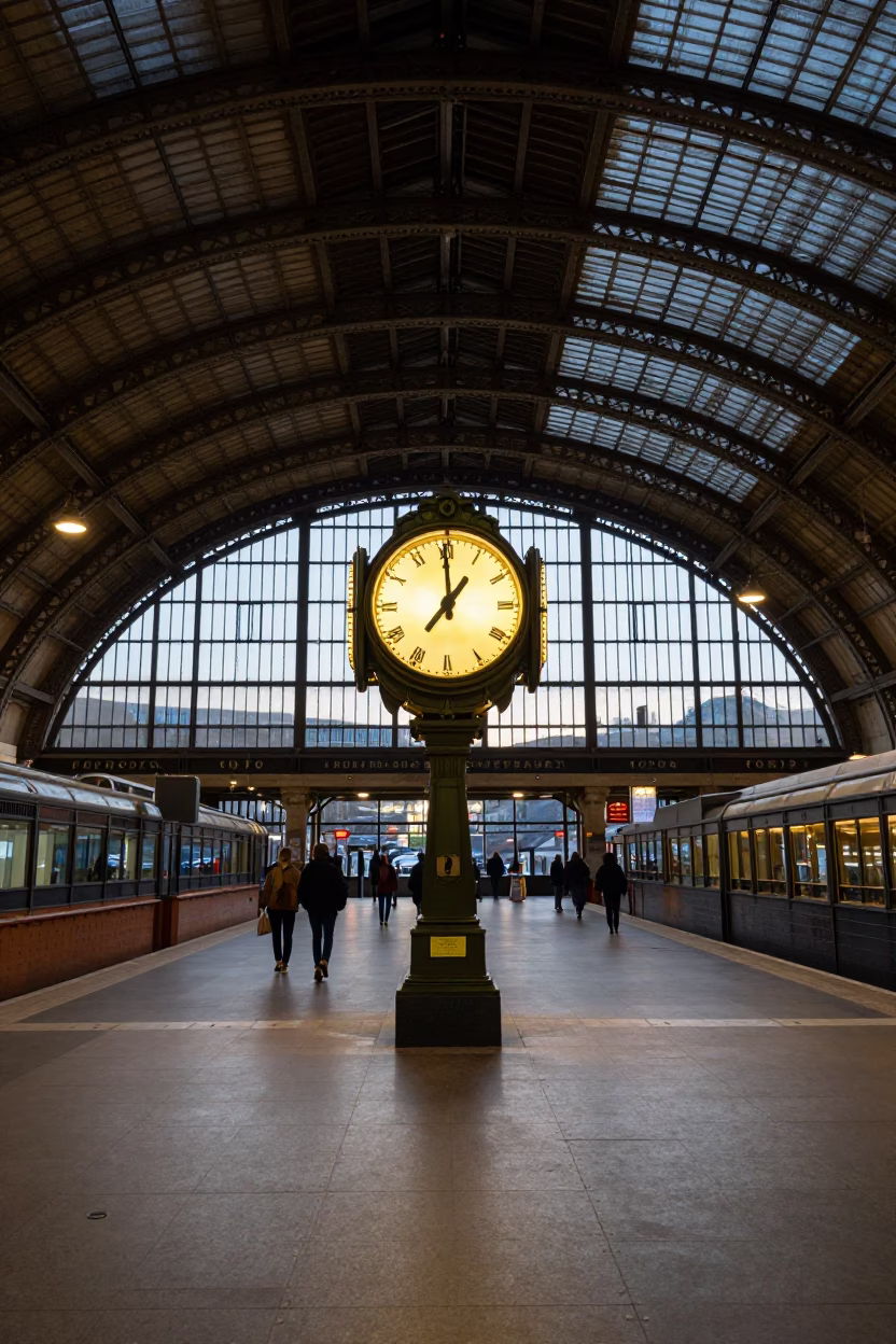 Parisian Train Station Clock Under Vaulted Iron Roof Before Dawn in in Paris, France