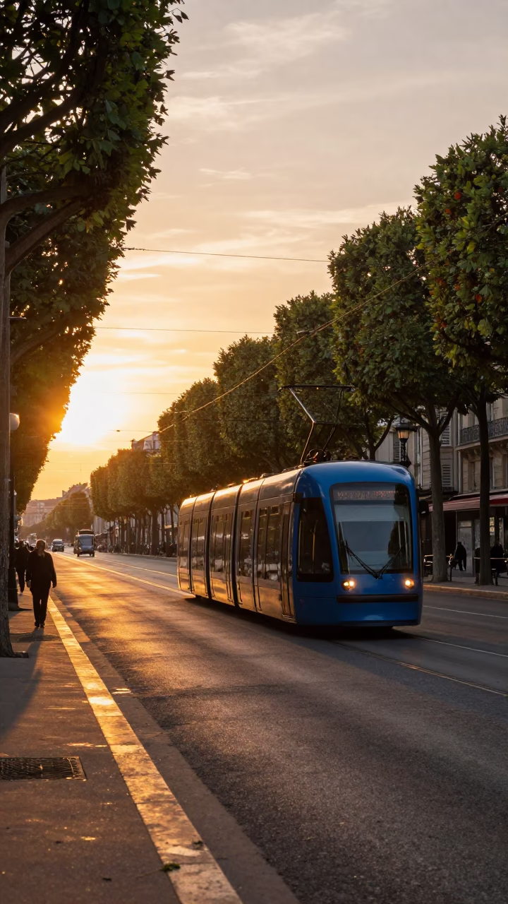 Parisian Tramcar on Tree-Lined Boulevard During Golden Hour Sunset in France in in Paris, France