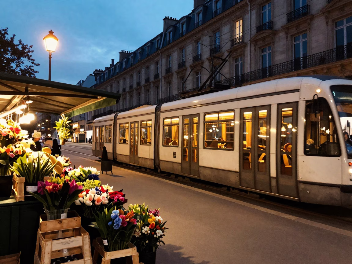 Parisian Twilight Street Scene with Vintage Tram and Flower Market Stop in in Paris, France