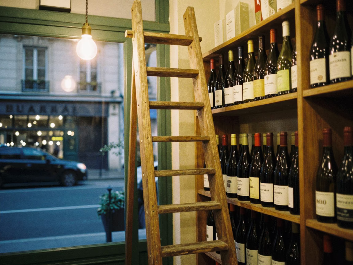 Parisian Wine Shop Interior with Wooden Ladder and Handwritten Notes at Dusk in in Paris, France