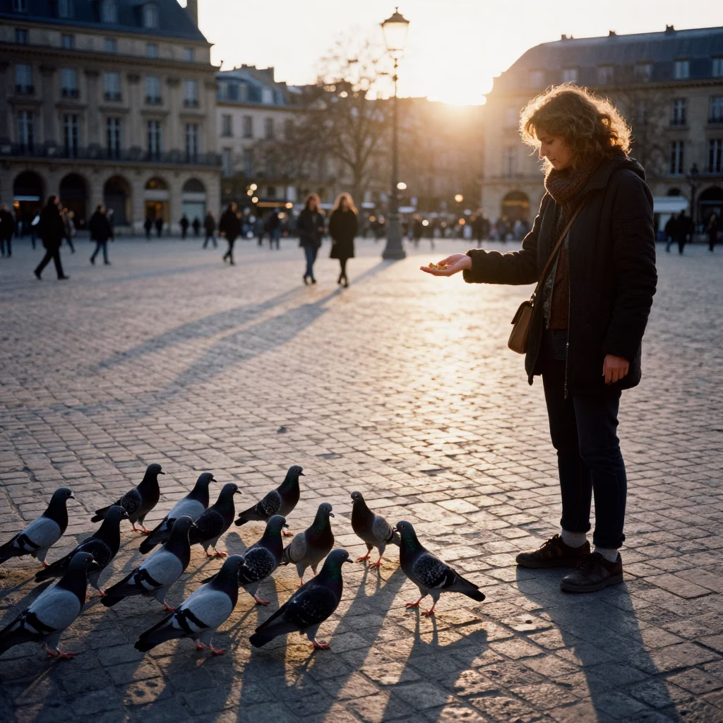 Parisian Woman Feeding Pigeons in Square at Sunset in in Paris, France