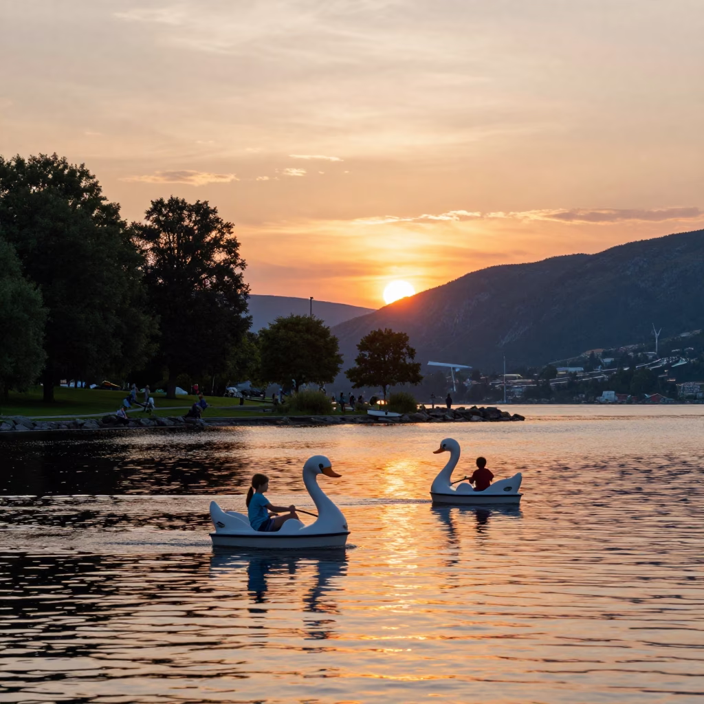 Park Lake in Bergen at As The Sun Drops Toward The Horizon in in Bergen, Norway
