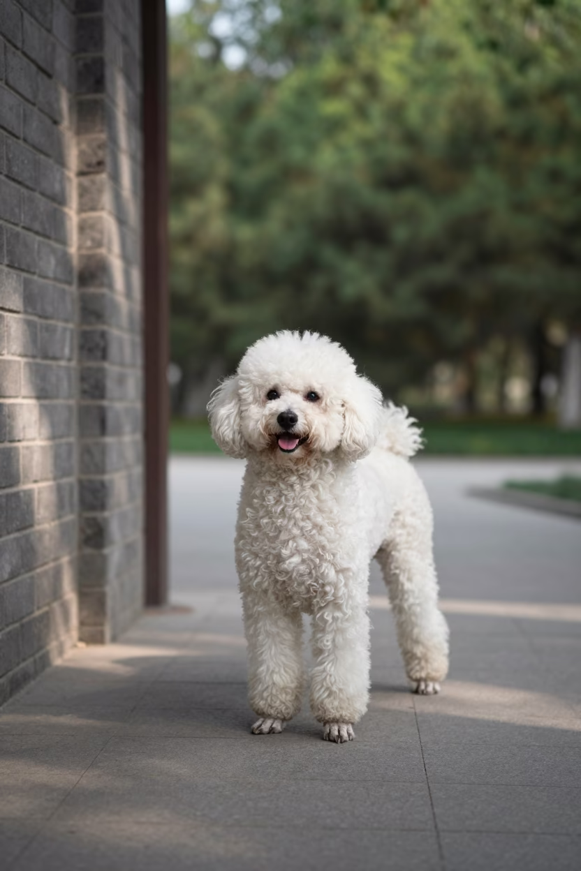 Park Portrait of Poodle in Soft Shade in along a quiet park path with soft open shade and a clean background near Zhengzhou