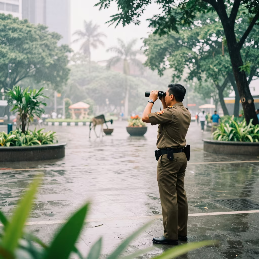 Park Ranger Spotting Wildlife in Blok M Square in at a public square in Blok M, Jakarta