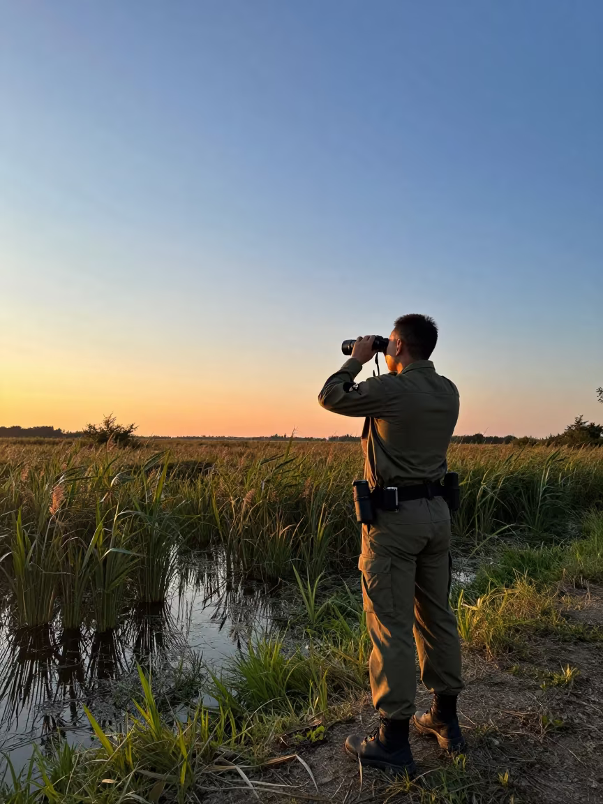 Park Ranger Watching Wildlife at Dawn Near Debrecen in near Debrecen