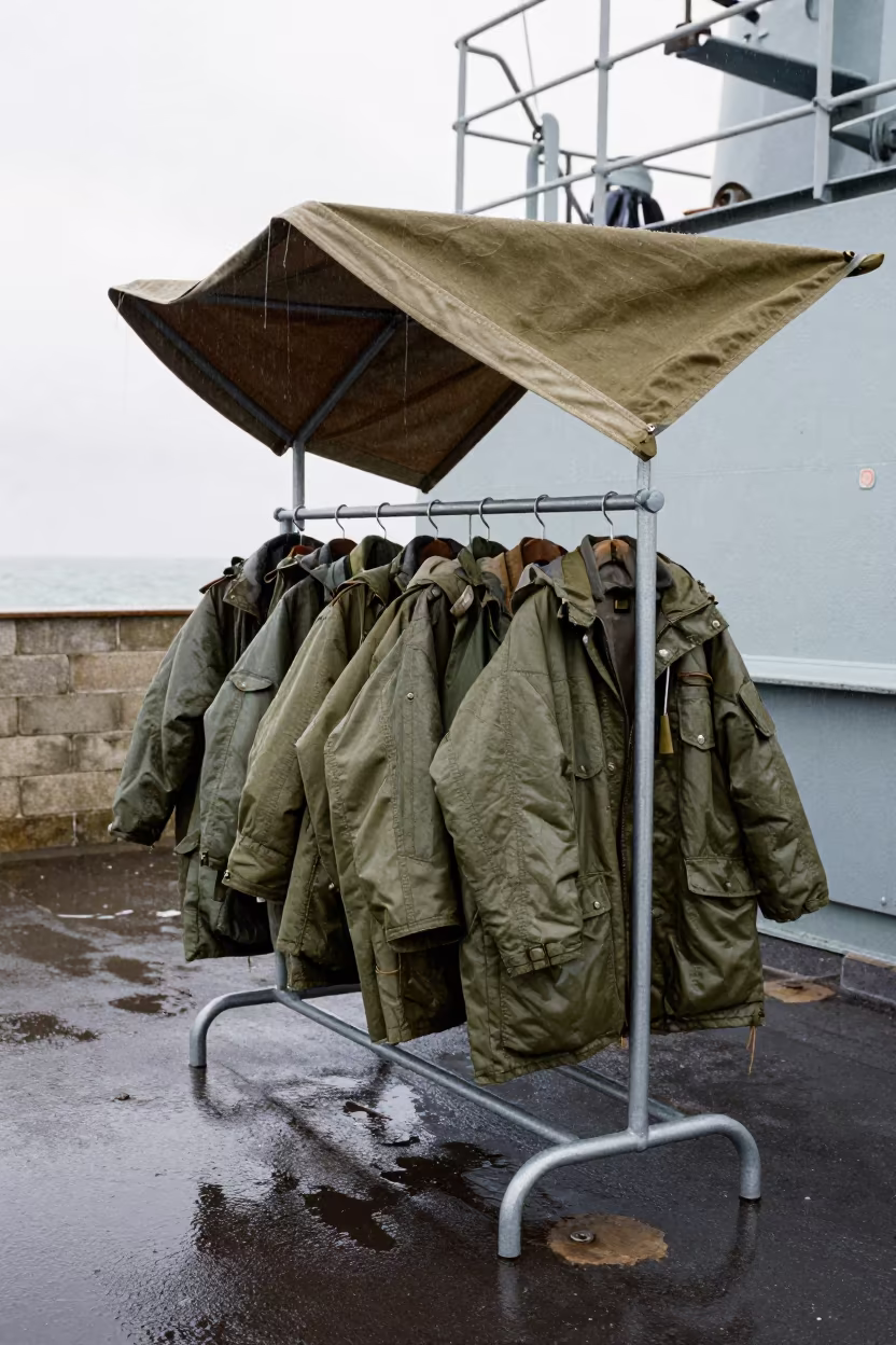 Parka Rack on Naval Deck After Rain Near Skikda in on a naval deck in rough wind near Skikda