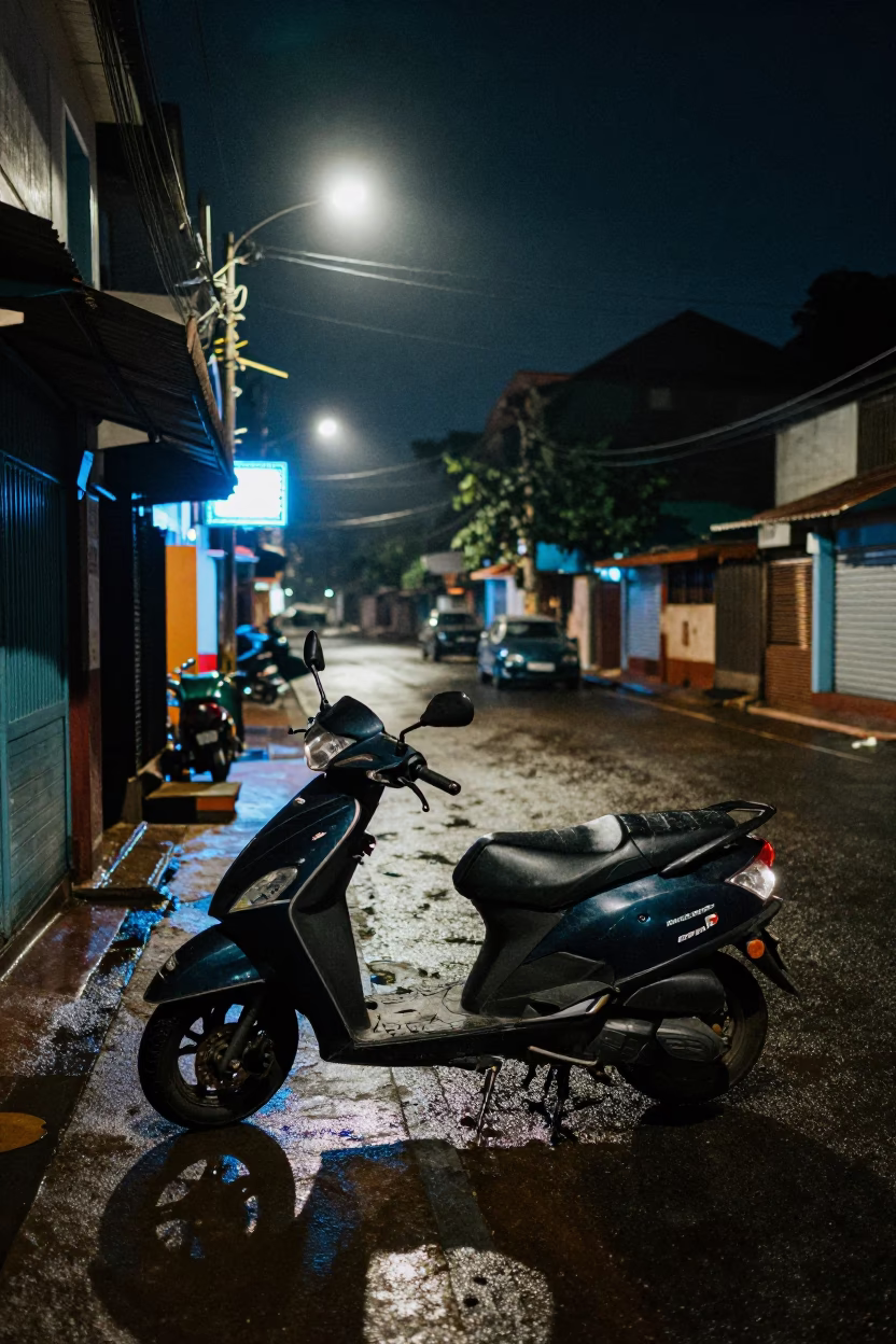 Parked Scooter after dark in Kochi in in Kochi, India