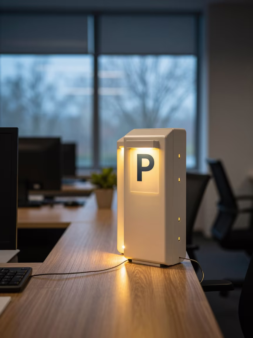 Parking Permit Box in Poznan Office Dawn in in an operations center under monitor glow in Poznan