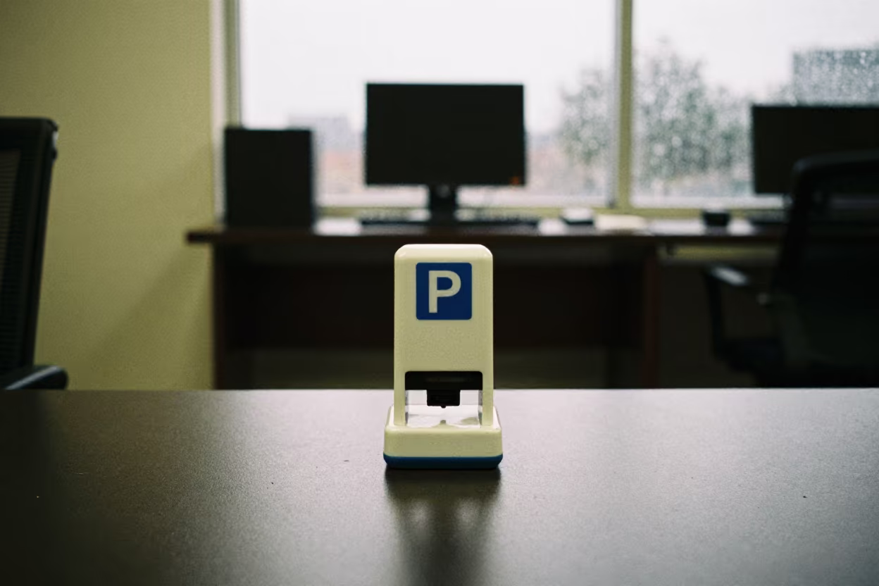 Parking Validation Stamp Pad Aden Office in in an operations center under monitor glow near Aden