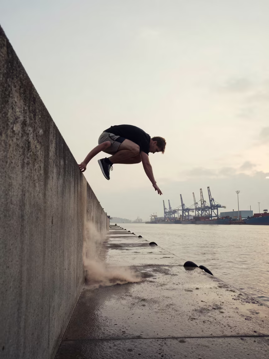 Parkour Athlete Cat Leap Harbor Manta Dawn Mist in at a harbor quay near Manta