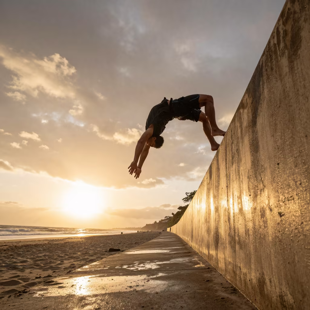 Parkour Athlete Cat Leap Sunset Beach Kasulu in along a beach near Kasulu