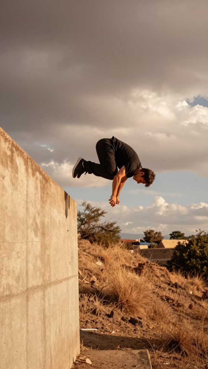 Parkour Athlete Cat Leap Wall Edge Zacatecas in on a hillside near Zacatecas