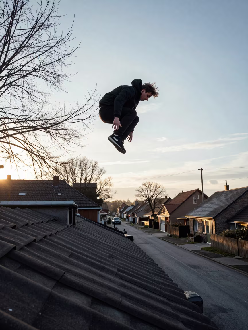 Parkour Athlete Jumps Rooftop Ledges Dawn in in a village lane near Carrefour