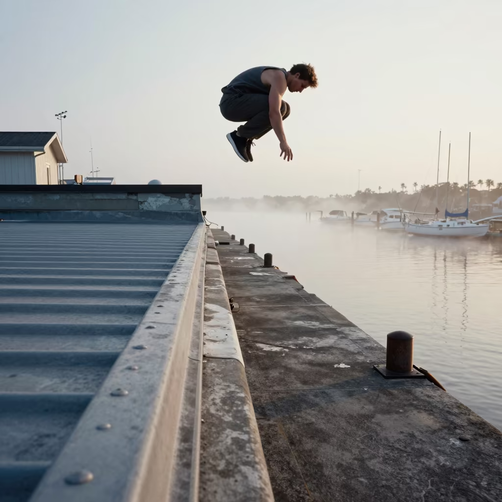 Parkour Athlete Jumps Between Rooftops at Dawn in at a harbor quay near Madison