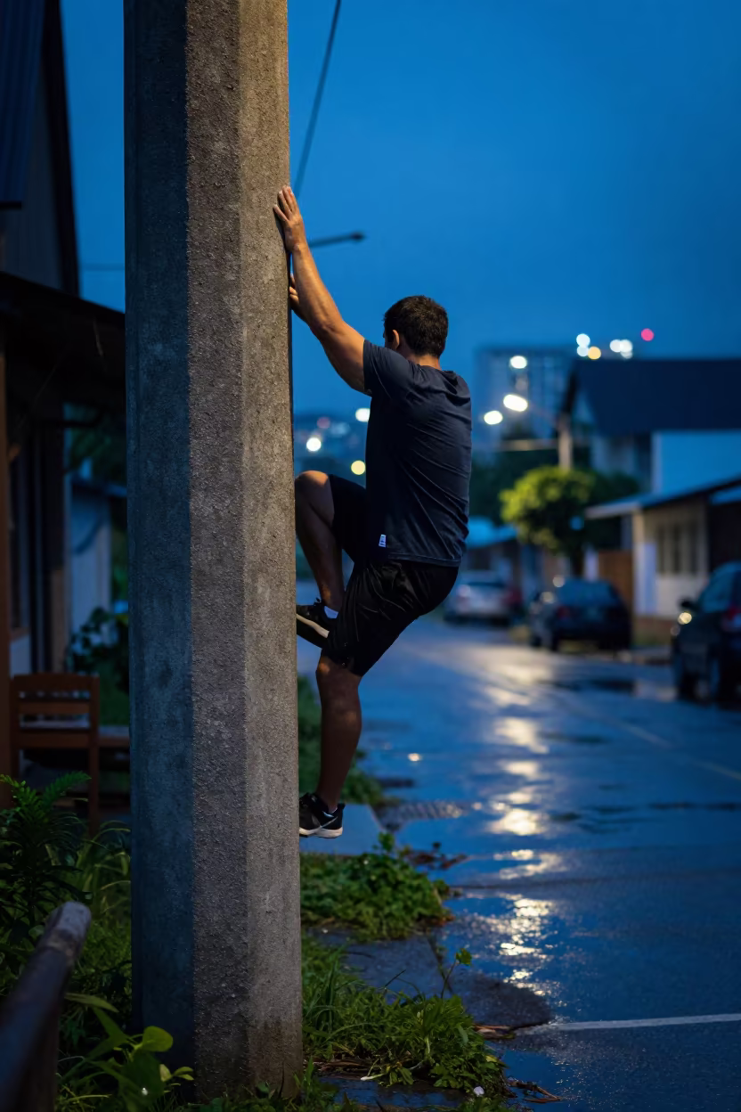 Parkour Athlete Running Concrete Pillar Village Lane in in a village lane near Cúa