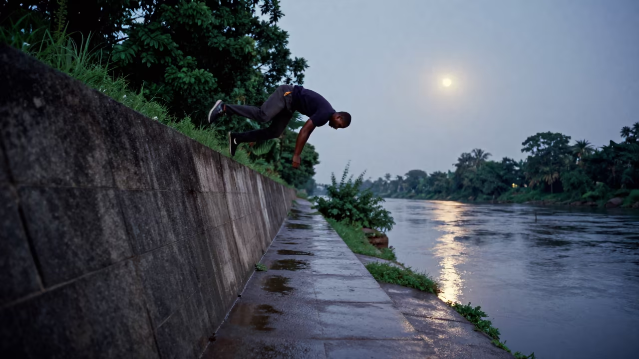 Parkour Athlete Vaulting Concrete Wall at Dawn in by a riverbank near Maroua