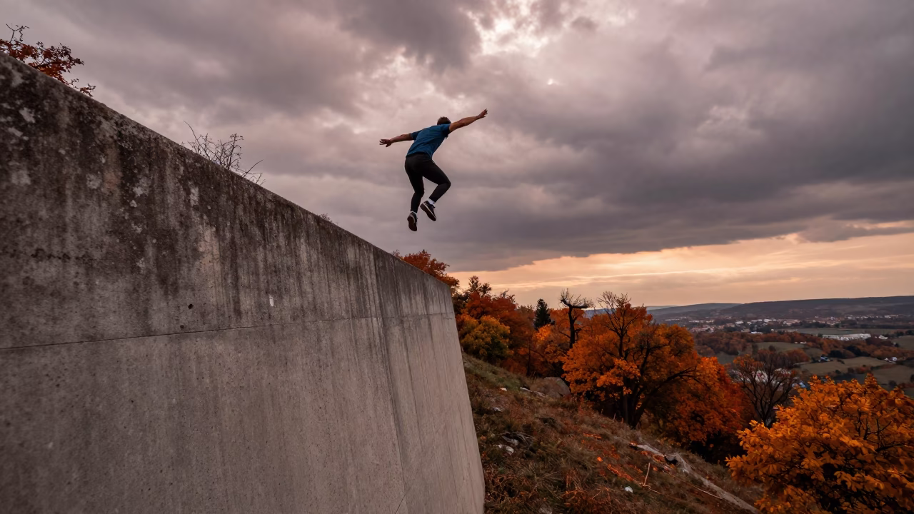 Parkour Athlete Vaulting Concrete Wall Hillside in on a hillside near Tuzla