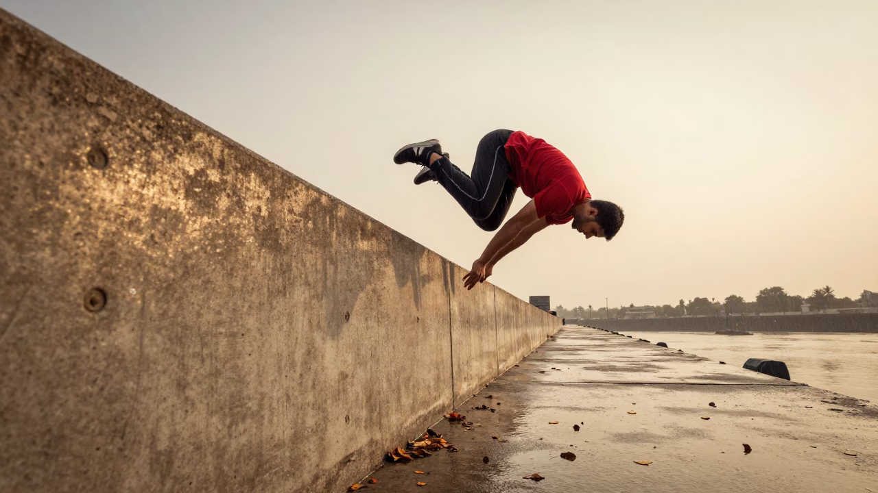 Parkour Athlete Vaulting Concrete Wall Lahore in at a harbor quay near Lahore